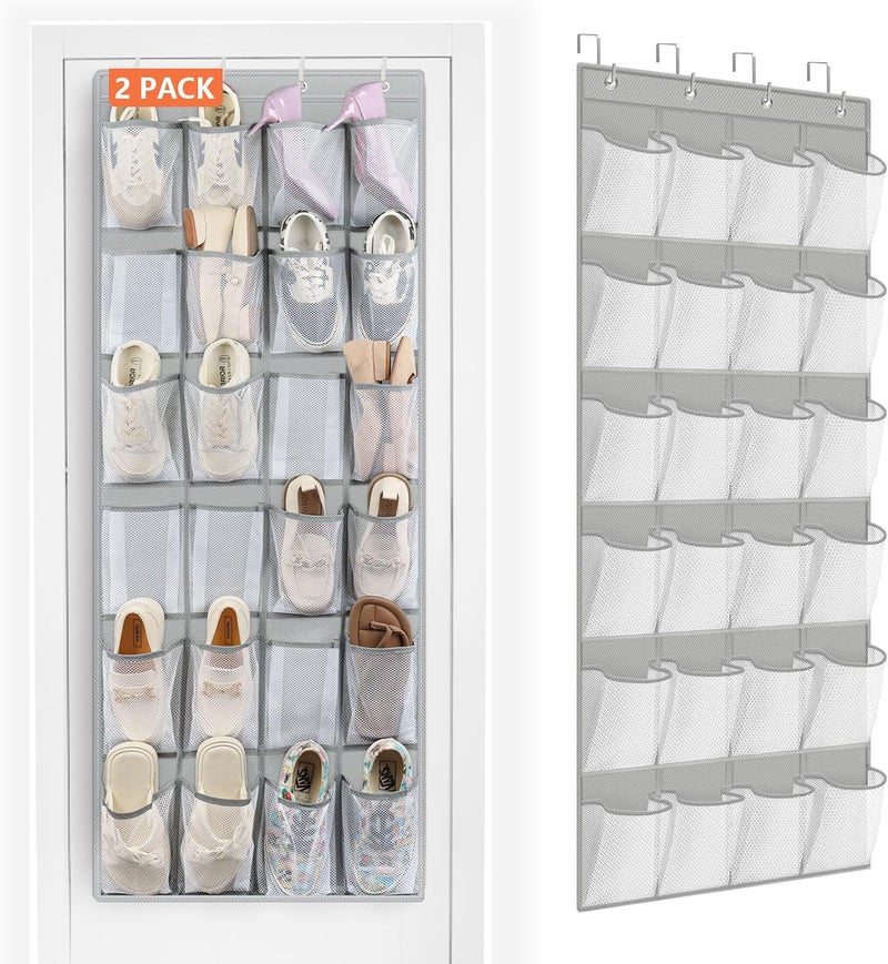 FENTEC 2 Pack Over the Door Shoe Organizer Hanging Shoe Organizer for Closet, Space Saving Mesh Large Pocket Shoe Storage and Organizer with 24 Packets, Shoe Holder for Apartments Garages, Gray - Image 1